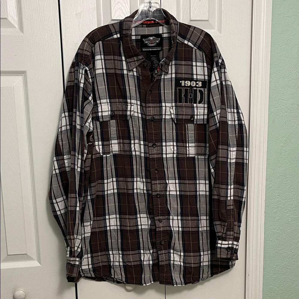 Harley-Davidson Brown and White Plaid Men's Shirt XXL
